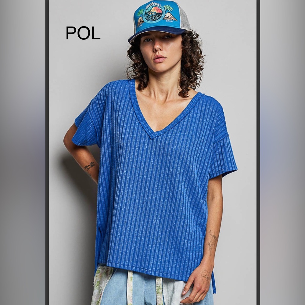 POL Blue Short Sleeve V-Neck Ribbed Tee